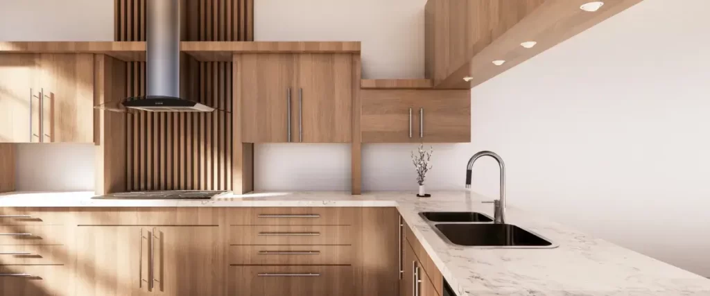 Contemporary kitchen with custom wood cabinets, quartz countertops, and double undermount sink