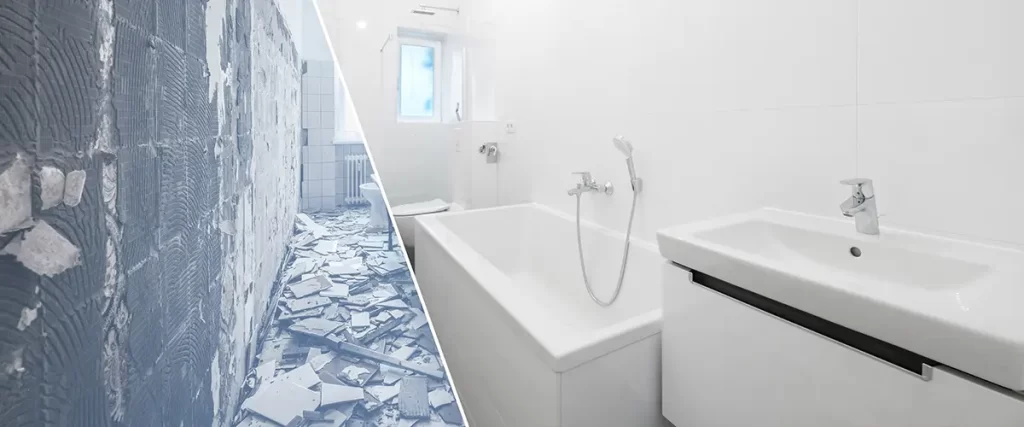 Bathroom remodeling before and after showing a complete renovation with a modern tub and vanity