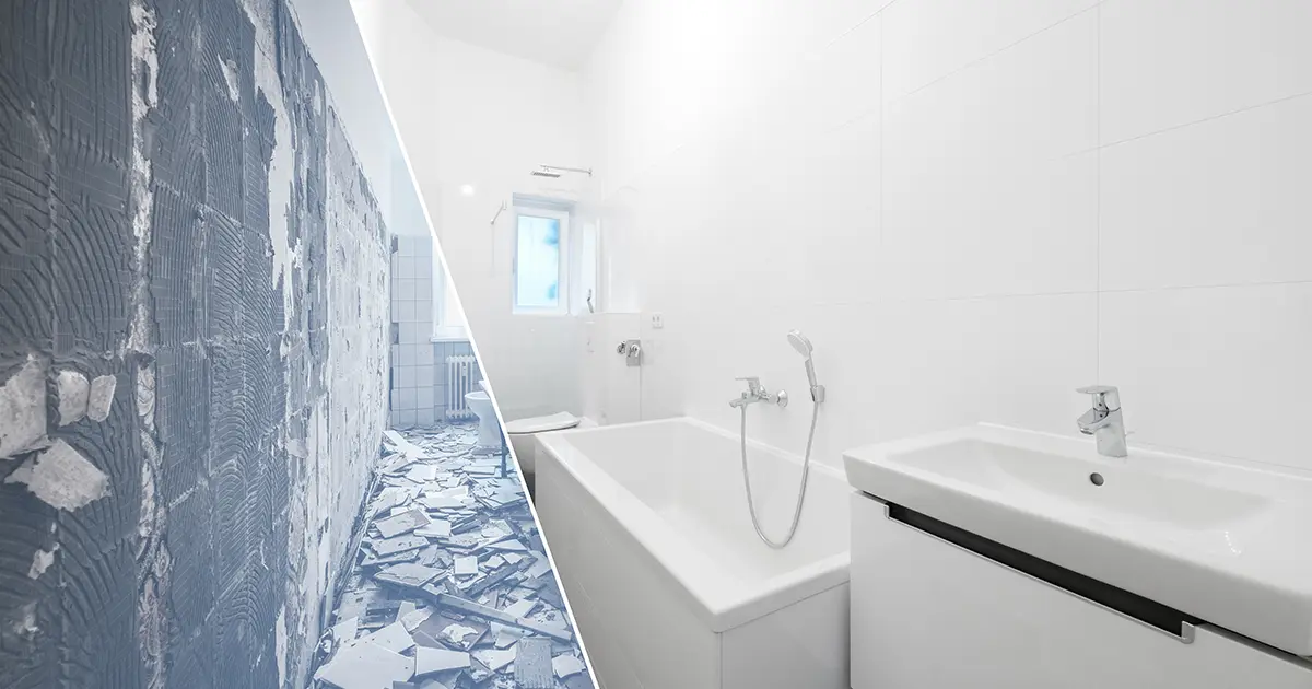 Bathroom remodeling before and after showing a complete renovation with a modern tub and vanity