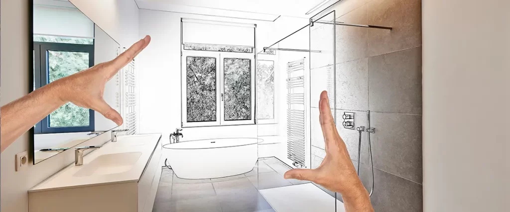 Bathroom remodeling design concept with a luxury walk-in shower, freestanding tub, and double vanity
